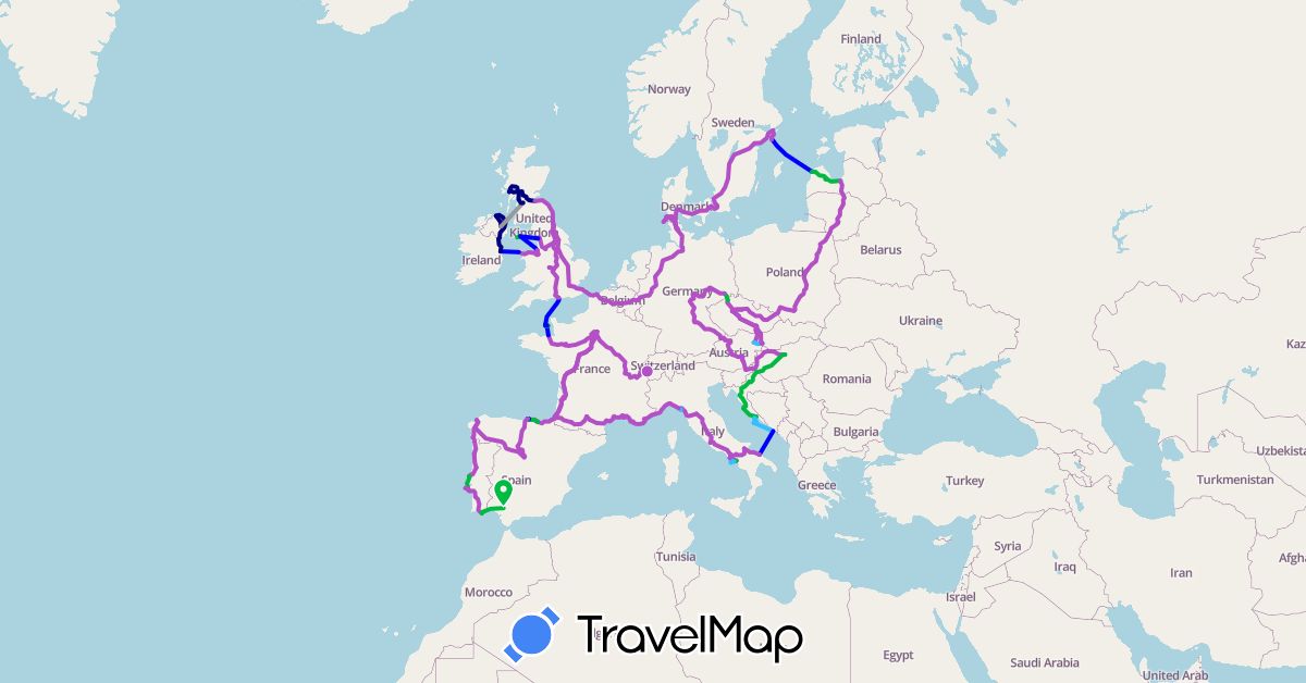 TravelMap itinerary: driving, bus, plane, train, boat, ferry, metro in Austria, Switzerland, Czech Republic, Germany, Denmark, Spain, France, United Kingdom, Croatia, Hungary, Ireland, Isle of Man, Italy, Jersey, Lithuania, Latvia, Poland, Portugal, Sweden, Slovenia, Slovakia (Europe)