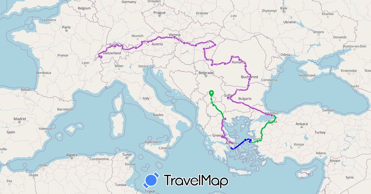 TravelMap itinerary: driving, bus, train, ferry, metro in Austria, Bulgaria, Switzerland, Greece, Hungary, Macedonia, Romania, Turkey (Asia, Europe)