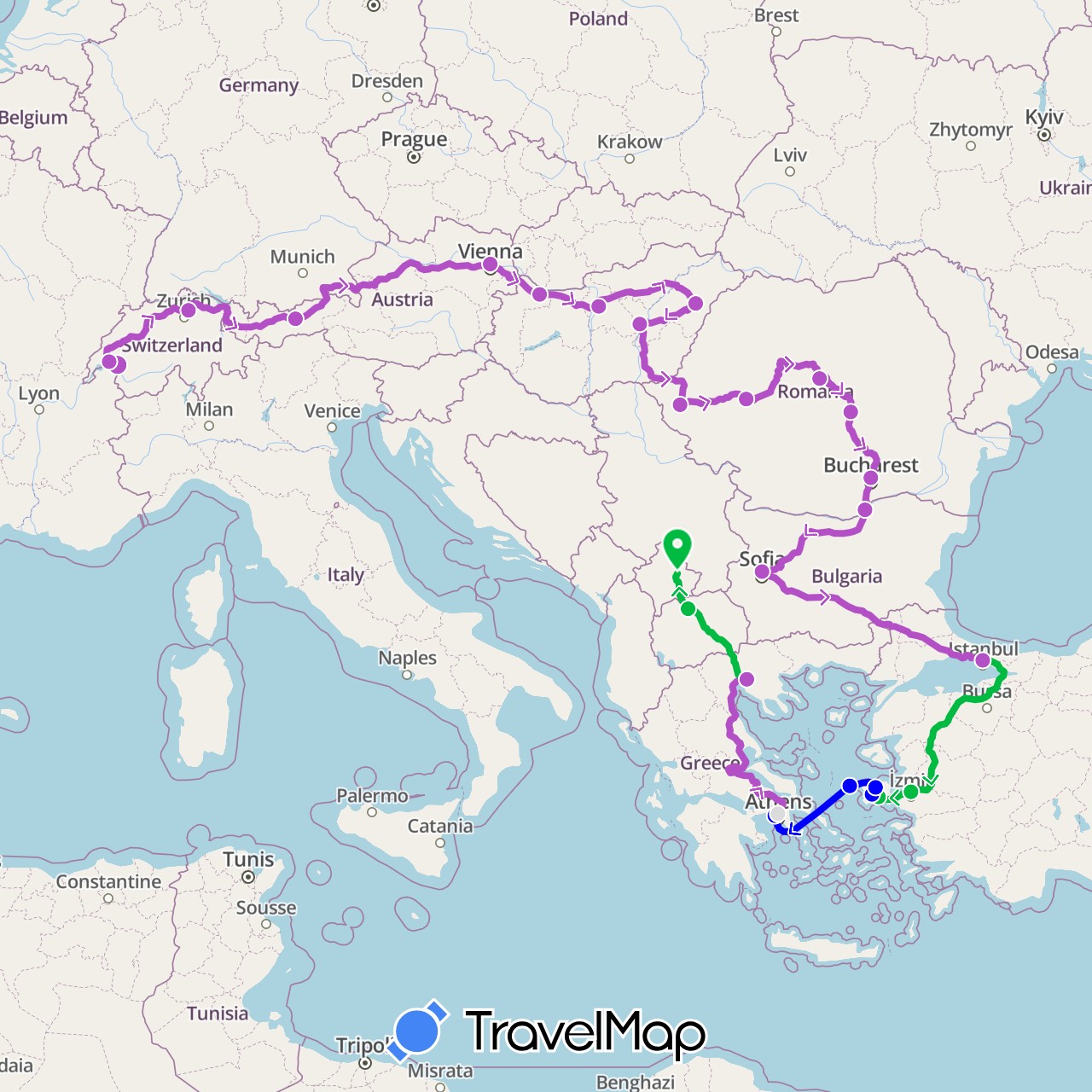 TravelMap itinerary: driving, bus, train, ferry, metro in Austria, Bulgaria, Switzerland, Greece, Hungary, Macedonia, Romania, Turkey (Asia, Europe)